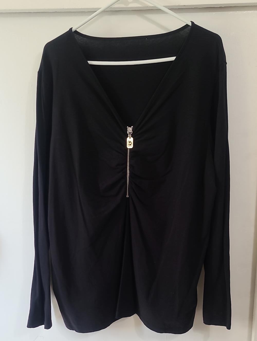 Michael Kors Black V-Neck Zipper Long Sleeve Fitted Blouse